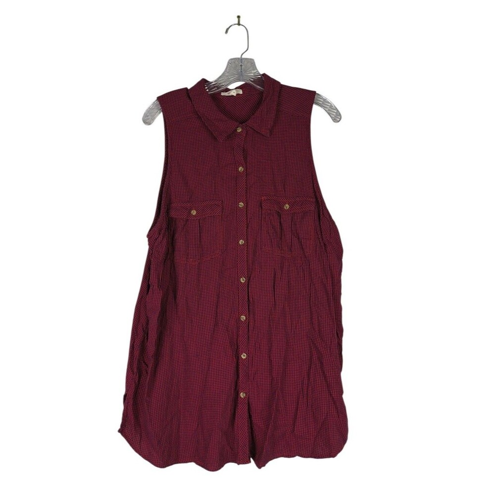 Maurices Tunic Women's 1X Red Blue Plaid Sleeveless Button Front Pockets Casual